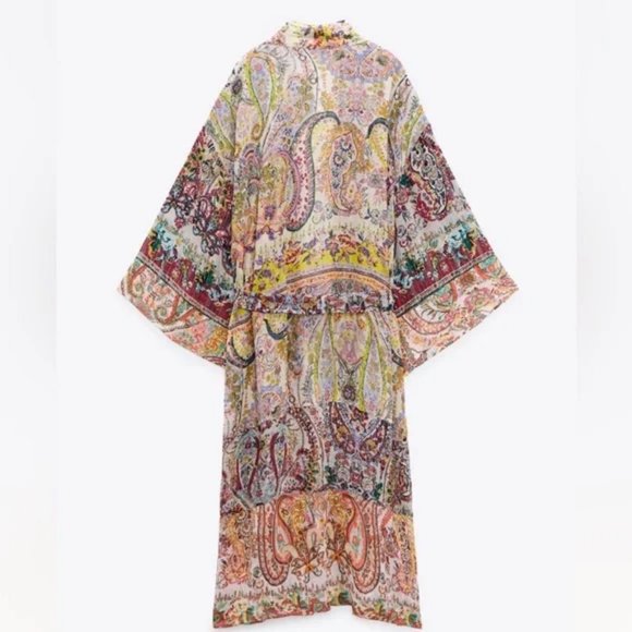 ZARA GRAPHIC PRINT TIED WAIST COAT KIMONO - Picture 4 of 8